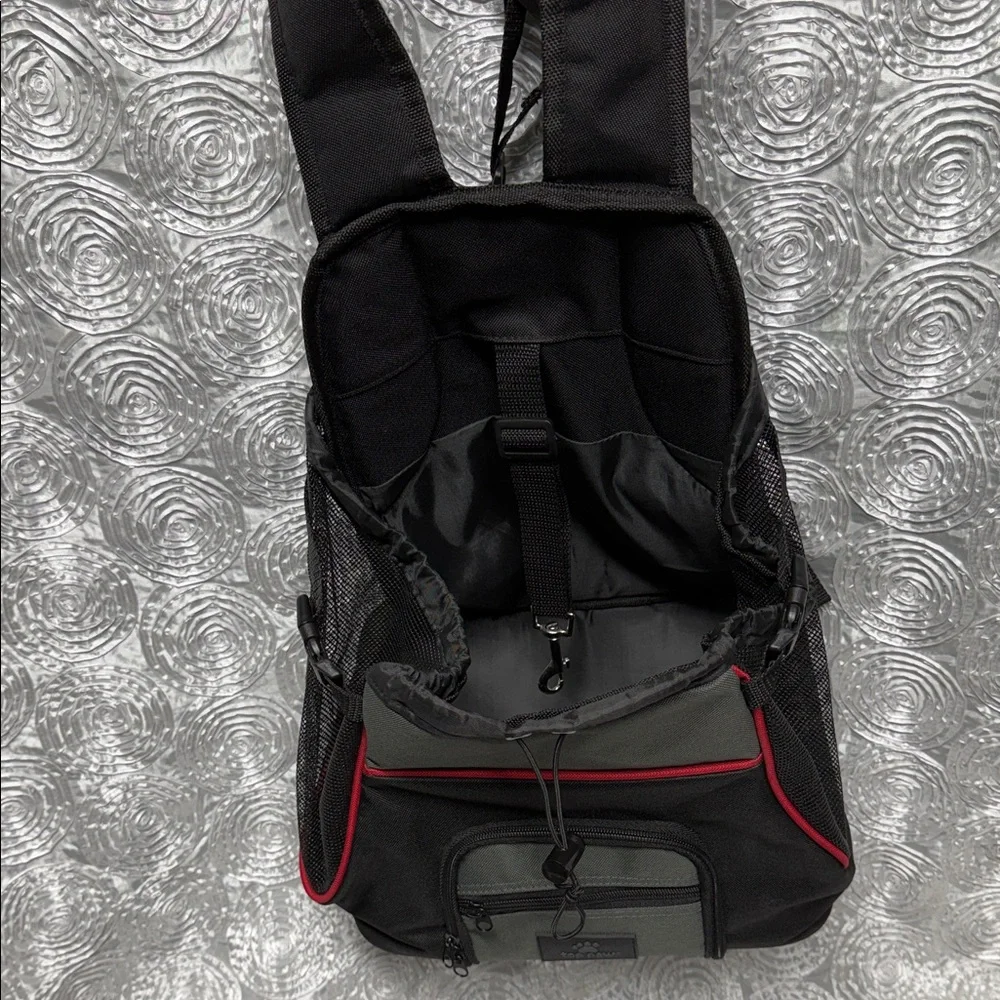 Top Paw Dog Carrier Backpack in Black and Gray with Red Trim